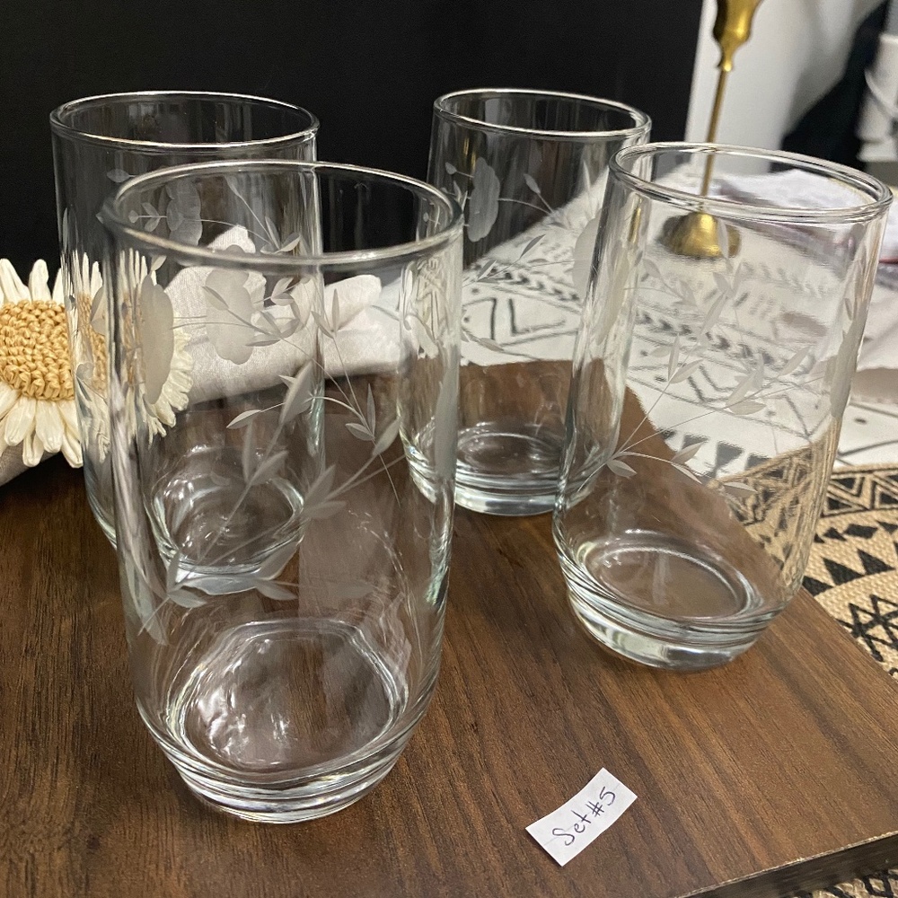 Princess house set of 4 etched cut flowers drinking glasses